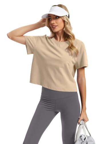 Image of SMENG Women's Crop Tops Cotton Loose Fit Tshirt Basic Short Sleeve Shirt