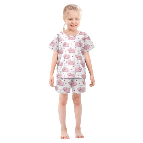 Vdsrup Cute Pigs Hearts Summer Pajamas Set Short Cotton Pink Sleepwear 2 Piece Unisex 5Y2