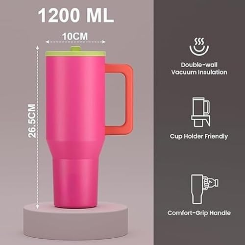 Image of 1200ML Stainless Steel Tumbler with Handle & Flip Straw | Leak Resistant, Insulated Water Bottle with Rubber Base | Travel, Gym & Car Cup Holder Friendly (Orchid)