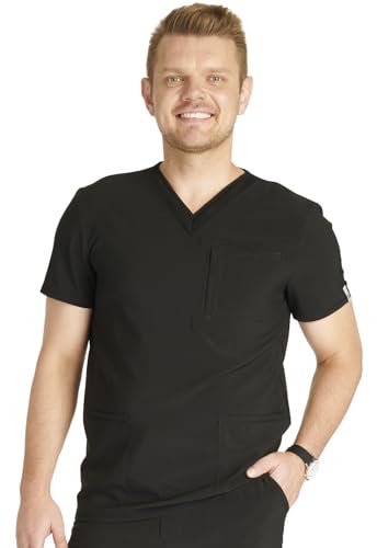 Cherokee Men's V-Neck Scrub Top with 4 Pockets and Back Yoke Seam Plus Size CK752A, 2XL, Black