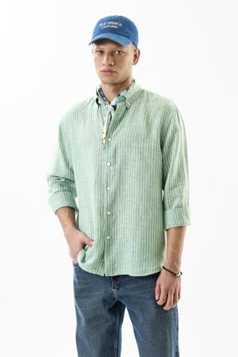 Image of SNITCH Men's Casual Shirt | Regular Fit Long Sleeve Button-Down Collar Striped Design | 100% Linen & Breathable Fabric for Spring & Summer Wear