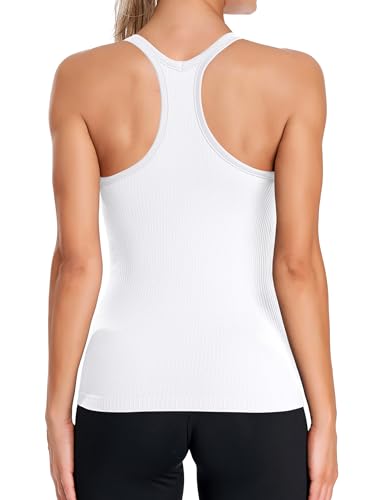ATTRACO Seamless Workout Tank Tops for Women Racerback Athletic Tank with Built in Bra White