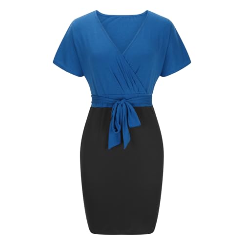 JOAU Women's Church Dress Wrap V Neck Short Sleeve High Waist Bodycon Work Business Office Pencil Mini Dresses with Belt3