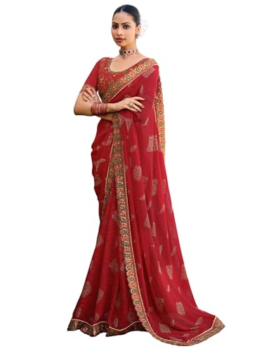 Image of SIRIL Women's Bandhani Printed Georgette Sequence Lace Scalloped Border Saree with Unstitched Blouse Piece