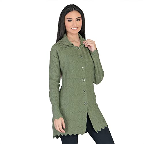 Image of LADY WILLINGTON Women Woolen Double Collar Daffodil Fabric Cardigan Winter Wear Pure Wool Cardigan for Women Free Size Long Cotty Warm Cardigans with Side Pockets