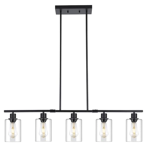 3WWWUEE 39.4' Kitchen Island Lighting, 5 Lights Clear Glass Pendant Light Fixtue, Black Linear Metal...