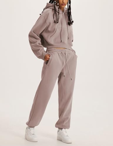 Womens Fleece 2 Piece Outfits Sweatsuit Crop Hooded Pullover Sweatshirt Top Jogger Sweatpants Tracksuits Set4