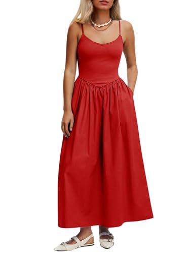Image of Mieazom Women's Sleeveless V-Neck Maxi Dress with Pockets - Slim Fit Casual Summer Spaghetti Strap Dress for Vacation