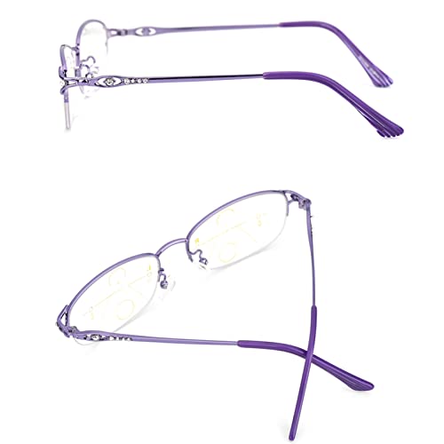 Modne damskie progresywne okulary do czytania Multifocus, fioletowe czytniki półramkowe z diamentem (rozmiar: 1,5 x)