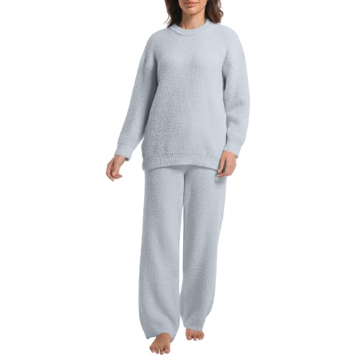 Image of BOSECETA 2 Piece Fleece Pajamas for Women Set Loungewear Outfits Knit Sweater Womens Long Sleeve Fuzzy Pajama Sets