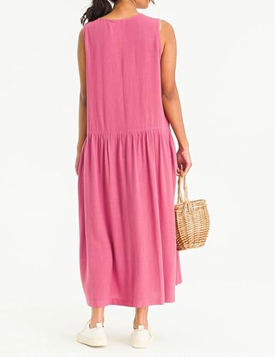 Image of Bozanly Summer Sleeveless Maxi Dress for Women Button Down Midi Dresses with Pockets Solid Color Loose Flowy Beach Dress 2025