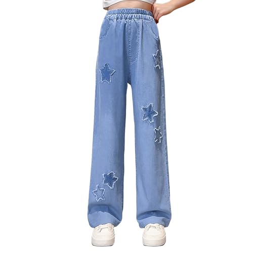 Girls Wide Leg Jeans Straight Baggy Elastic Waist Star Ripped Denim Pants Kids 2025 Cute Fall Classic Fit Pants