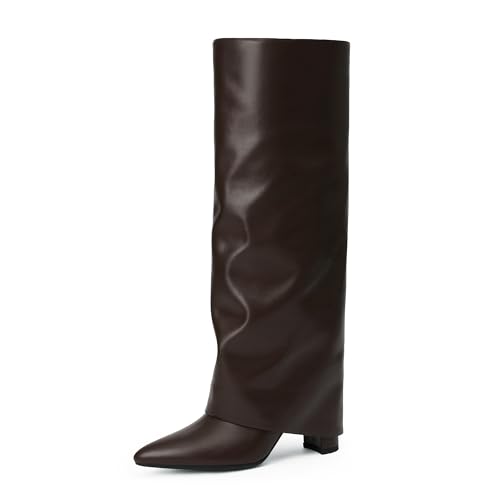 Modatope Brown Knee High Boots for Women Fold Over Boots Chunky Heel Pointed Toe Tall Long Shark Boots Size 8.5