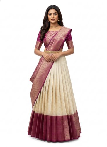 Image of RENVAANI Women's Traditional Kanjivaram Kanchipuram Silk Zari Weaving Unstitched Lehenga Choli with Dupatta