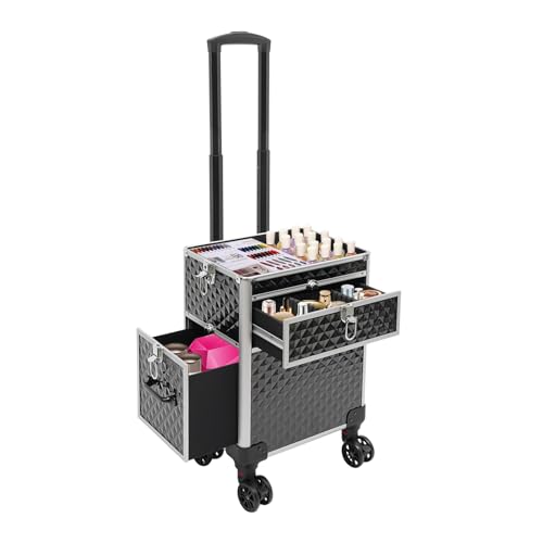 AOOCHU Professional Rolling Makeup Train Case,Makeup Case Cosmetic Trolley Organizer Multi-Functional Cosmetic Travel Trolley With Wheels For Cosmetologist Nail Tech Hairstylist, Black