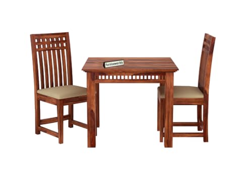Image of Sheesham Wood 2 Seater Dining Table with Cushion Chair 2 Seater Wooden Dining Room Set Dinner Table Furniture for Living Room Home Restaurant 32x32x29 inch