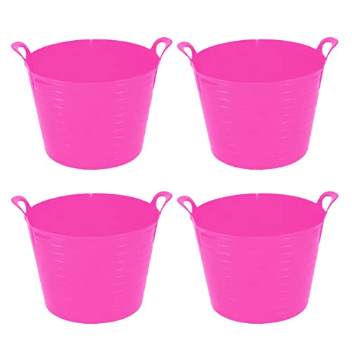 TRG 40L Flexi Tub (Set Of 4) Heavy Duty Flexible Plastic Bucket With Handles, Large Garden Tub, Builders Bucket, Multi-Purpose Storage Container For Home, Garden, DIY & Construction – (Pink)