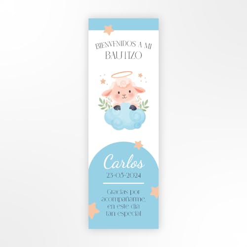 Detalles Bautizo para Invitados - Marcapáginas Personalizados en Cartulina 350gr - Elección de Diseño Niño/Niña/Unisex, Personaliza con Nombre y Fecha, Packs de 25 unidades (Niño)