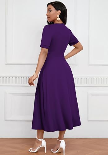 Image of MarryUP Women's Midi Dresses - V Neck Cocktail & Church Tea Dresses - Short Sleeve A-Line Swing Dress