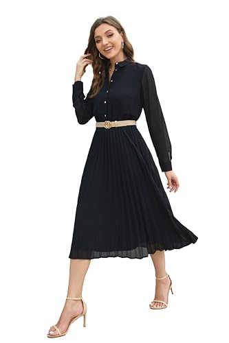 AbleTree Business Casual Shirt Dress for Women Long Sleeves Pleated Midi Dresses with Belt