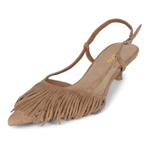 YDN Women's Pointed Toe Tassels Fringe Pumps Strappy Low Kitten Heels Slingback Buckled Strap Sandals Dress Prom Party Wedding Shoes Size 4-16 US