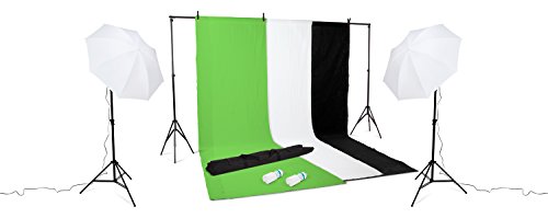 Kenley Pro Photo Studio Background Stand Kit with 2 x 3 m Stand, 2 x 3 m Cotton BWG Backdrops, Lighting and Umbrellas