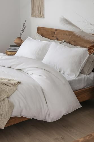 Image of XZ XIFA 100% Washed French Flax Linen Duvet Cover Set - 3 Pieces, Cooling & Textured Farmhouse Bedding for Hot Sleepers, with Zipper Closure (White, California King)