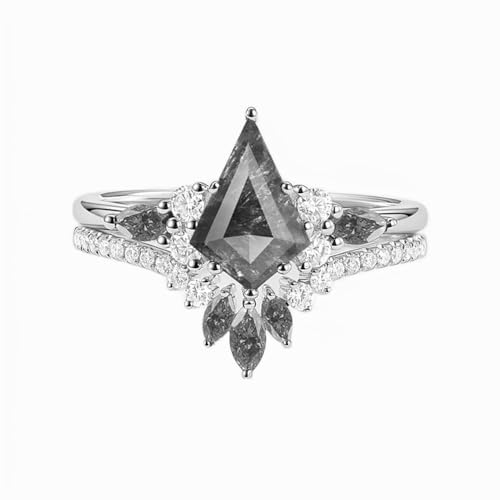 10K/14K/18K Gold Natural Salt and Pepper Ring Set Diamond Kite Cut Round Salt and Pepper Ring Set for Women Personalized Engagement Wedding Band Jewelry Gift for Mother’s Day Women Mom Her2