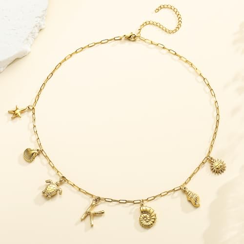 Waterproof Charm Necklace for Women 18K Gold Stainless Steel Beach Seashell Initial Pendant Cute Dainty Trendy Jewelry Gift Paperclip Chain 16+3 Inch 6