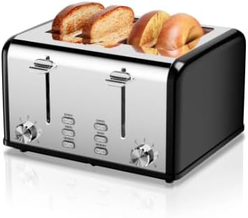 Tostadora retro de acero inoxidable con 4 ranuras, bagel, descongelación, recalentamiento, función de cancelación, 6 ajustes de sombra, bandeja