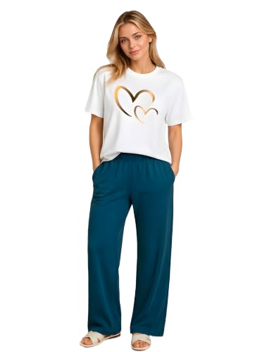 Image of ELVIA Women's Pure Cotton Top and Pyjama Co-Ord Set | Double Heart Graphic Printed Night Suit | Regular Fit Half Sleeve Round Neck T-Shirt with Pajama Sleepwear Loungewear Set