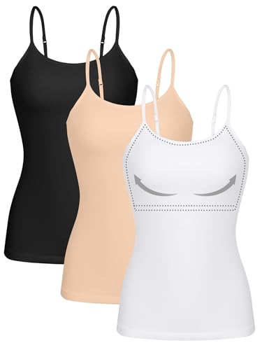 ATTRACO Women 3 Pack Cotton Camisoles wtih Shelf Bra Adjustable Spaghetti Strap Tank Tops
