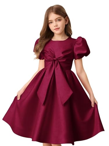 Satin Flower Girl Dress for Wedding Puff Sleeve Bow Knot A-Line Short V-Back Princess Pageant Ball Gowns