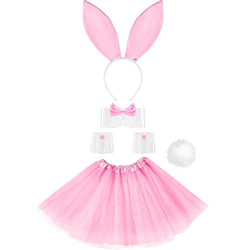 SATINIOR Bunny Costume Set for Women Rabbit Ear Headband Collar Bowtie Cuff Bunny Tail Tutu Skirt for Easter Cosplay Party(Pink)