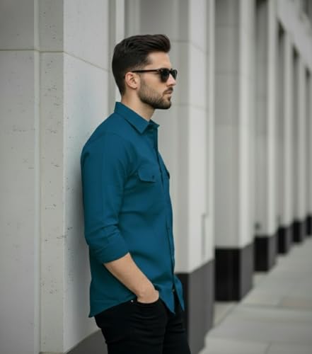 Image of DEELMO Men's Classic Cotton Blend Slim Fit Shirt || Full Sleeve Button-Down Casual Shirt with Dual Flap Pockets || Soft Breathable Fabric || Ideal for Office Party and Everyday Wear