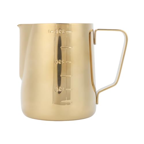 Milk Frother Jug 350ML with Scale Stainless Steel Coffee Milk Frothing Cup Pitcher Jug with Clear Scale Ergonomic Handle Milk Frothing jug Set for Coffee Latte Art Gold for Home Cafes Restaurants