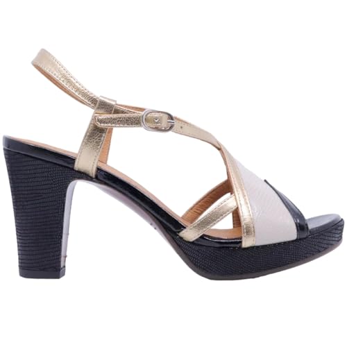 Chie Mihara Ekat44 - Sandalia de mujer de piel negra y dorada, Blanco y dorado., 38.5 EU