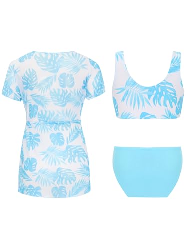 Kids Girls 3-Piece Tropical Print Straps Swim Tops and Bottom Bikini Swimsuit Mesh Belted Coverups Set2