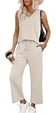 WIHOLL 2 Piece Sets for Women Travel Essentials Dressy Lounge Wear Summer V Neck Matching Sets Wide Leg Crop Pants Comfortable Vacation Outfits Beige XL