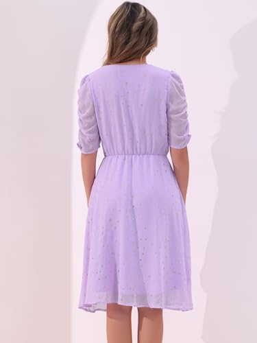 Image of Allegra K Chiffon Dress for Women's Metallic Stars Ruched Sleeve V Neck A-line Dress