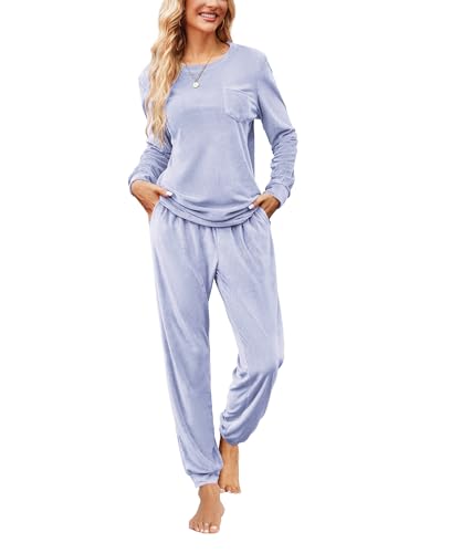 Ekouaer Womens Pajamas Sets Long Sleeve Soft Sleepwear 2 Piece Velvet Pjs Lounge Sets with Pockets
