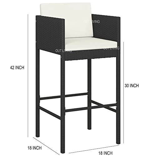 Image of OUTLIVING Rattan Wicker Outdoor Bar Patio Table with 2 Cushion Chairs Set for Home Graden Balcony 2 Seater Bar Patio Furniture (Black)