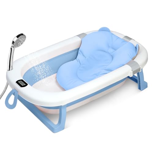 SKY-TOUCH Baby Foldable Bathing Tubs with Soft Bathmat Cushion & Thermometer NewBorn Babybath Tub with Drain Hole Non-Slip Support Leg for 0-6 Years Boy Girl (Blue)
