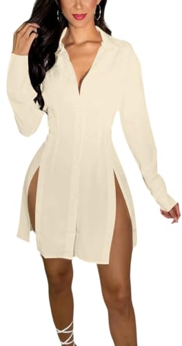 Image of Shirt Dress for Women Sexy Button Down Date Night Dresses Ruched Slit Stand Collar Long Sleeve Blouses