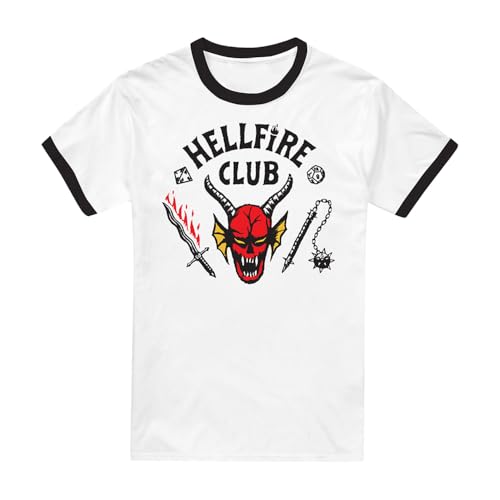 Stranger Things Hellfire Club Ringer T-Shirt Ringer Unisexe, Noir Blanc, S