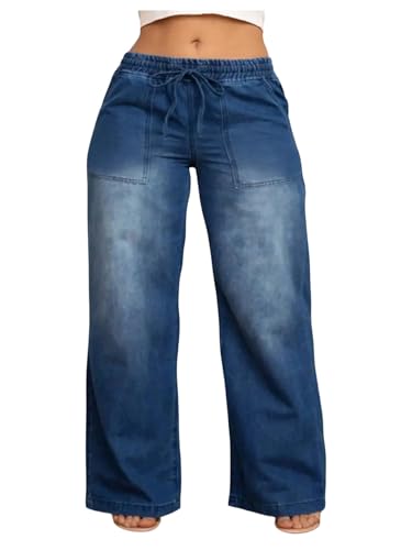 WDIRARA Women's Plus Size Drawstring Waist Jeans Wide Leg Baggy Denim Pants Dark Wash 3X-Large Plus