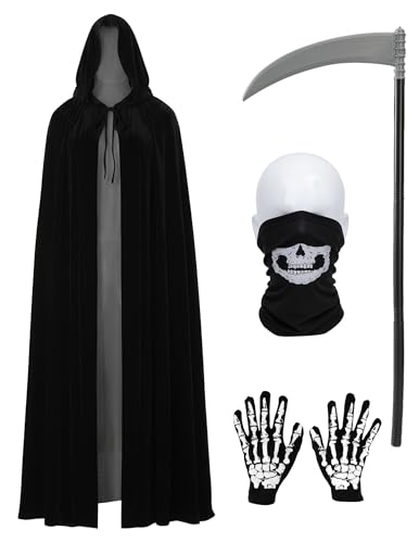 PartAwake Halloween Sensenmann Kostüm Teufel Umhang Totenkopfmaske Handschuhen für Halloween Party Karneval Cosplay