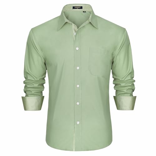 HISDERN Herren Hemd Freizeithemd Langarmhemd Formelle Businesshemden Langarm Freizeithemden Regular Fit Hemden Shirt Salbei Grün L