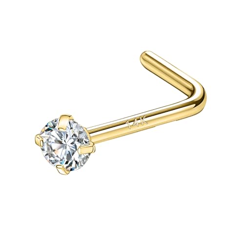 SYLWIA 14K Solid Gold Nose Studs Rings 20g 18g, Moissanite Corkscrew L Shaped Nose Rings, Hypoallergenic 18 20 Gauge Nose Ring Piercing for Women Men Gifts - 2mm 2.5mm 3mm Moissanite