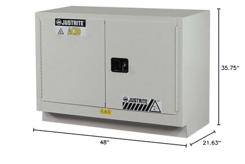 Image of Justrite Acid Corrosive Storage Cabinet - 31 Gallon 2 Door Self Close Chemical Storage Cabinet with ChemCor Coating - 22 inch x 36 inch x 48 inch - Made in The USA - Silver - 8849242